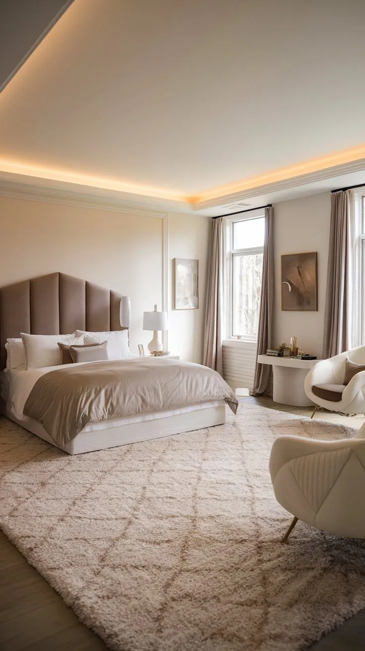 The neutral master bedroom decor combines white and taupe elements with plush textures, offering a stylish and comfortable retreat.
