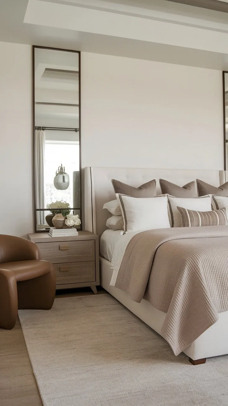 The inviting space showcases brown neutral bedroom decor with a soothing palette of white and taupe, complemented by neutral bedding and a stylish wooden nightstand.
