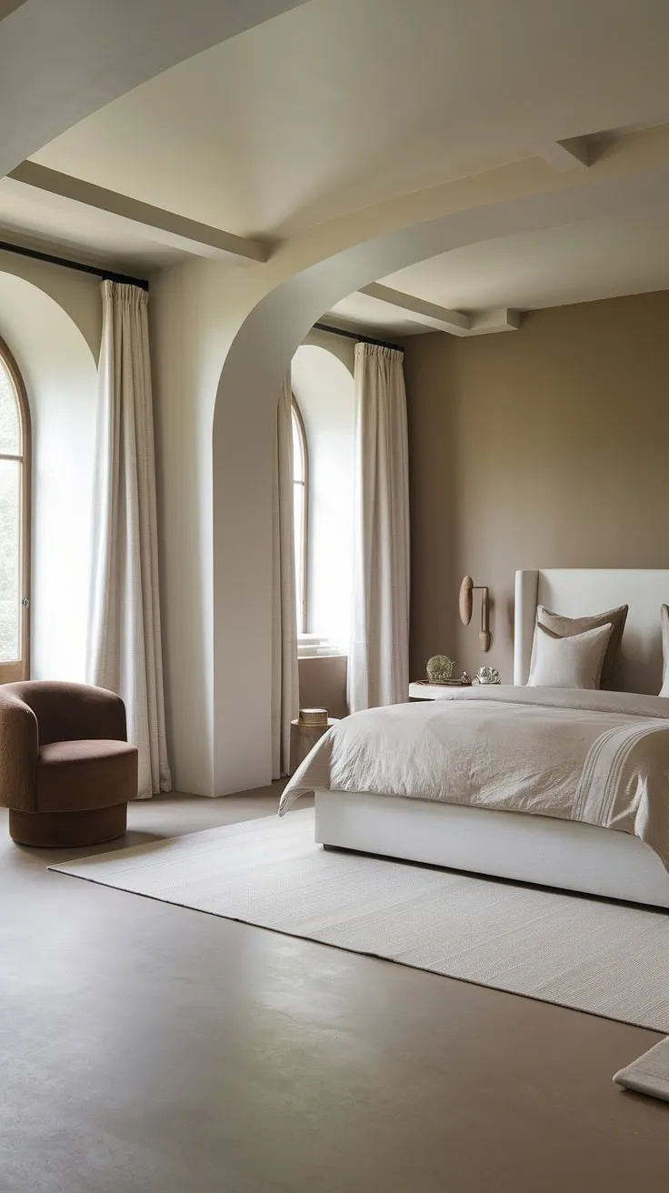 The neutral master bedroom decor combines white and taupe tones with brown accents and comfy bedding, offering a perfect retreat for relaxation.