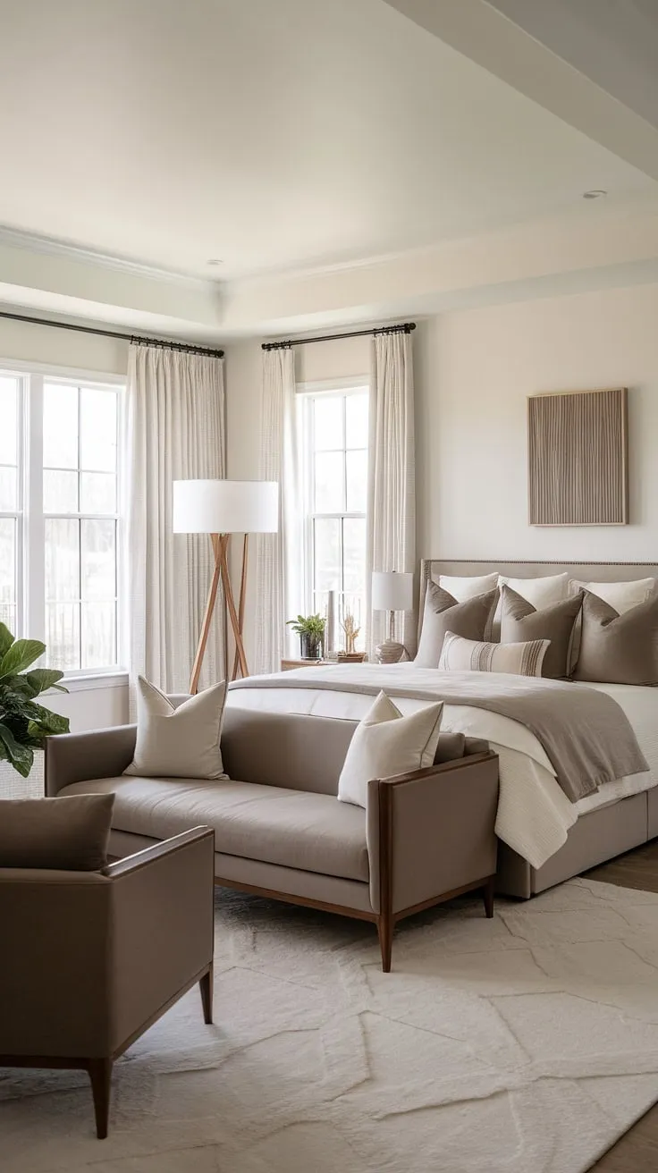 This neutral master bedroom features relaxing modern cozy decor in a white and taupe color scheme, accented with brown elements, creating a comfy retreat with neutral bedding and stylish furnishings.