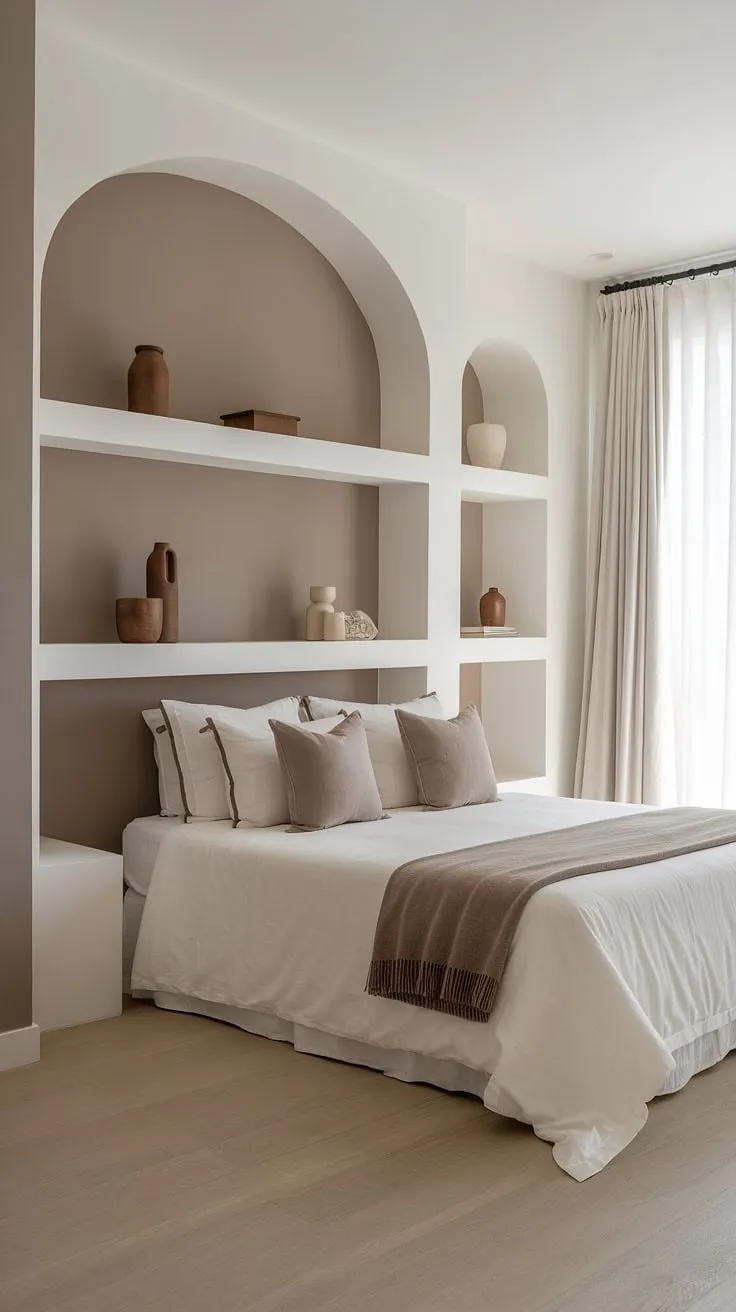 This neutral master bedroom decor combines white and taupe tones with brown accents, creating a relaxing and comfy space featuring modern cozy elements and neutral bedding.