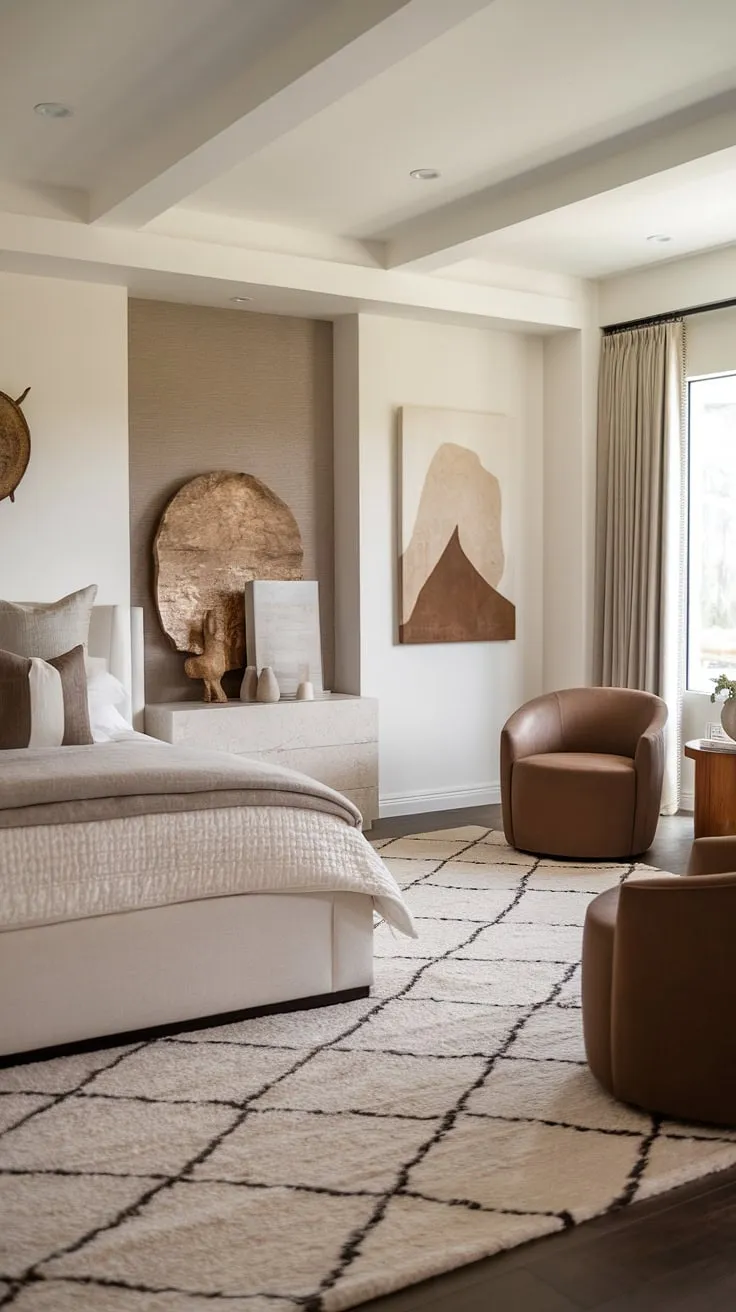 Featuring a harmonious blend of brown neutral accents and stylish wall art, this space exemplifies inviting neutral bedroom ideas for a tranquil retreat.