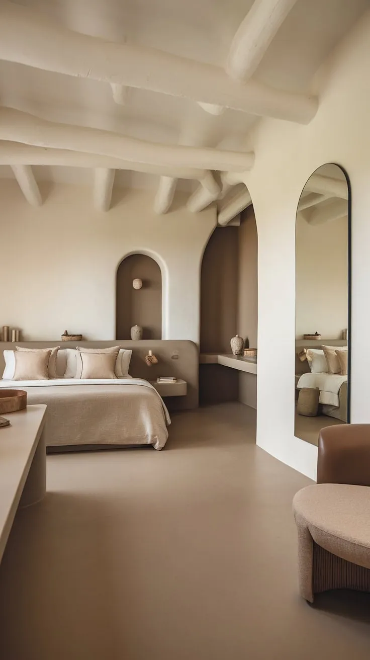 This modern cozy master bedroom features relaxing neutral decor in white and taupe with brown accents, creating a comfy atmosphere enhanced by neutral bedding and warm tones.