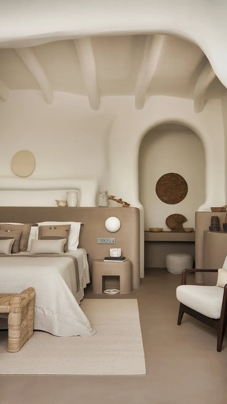 This neutral master bedroom features relaxing decor in a white and taupe color scheme with brown accents, showcasing comfy neutral bedding and modern cozy elements.