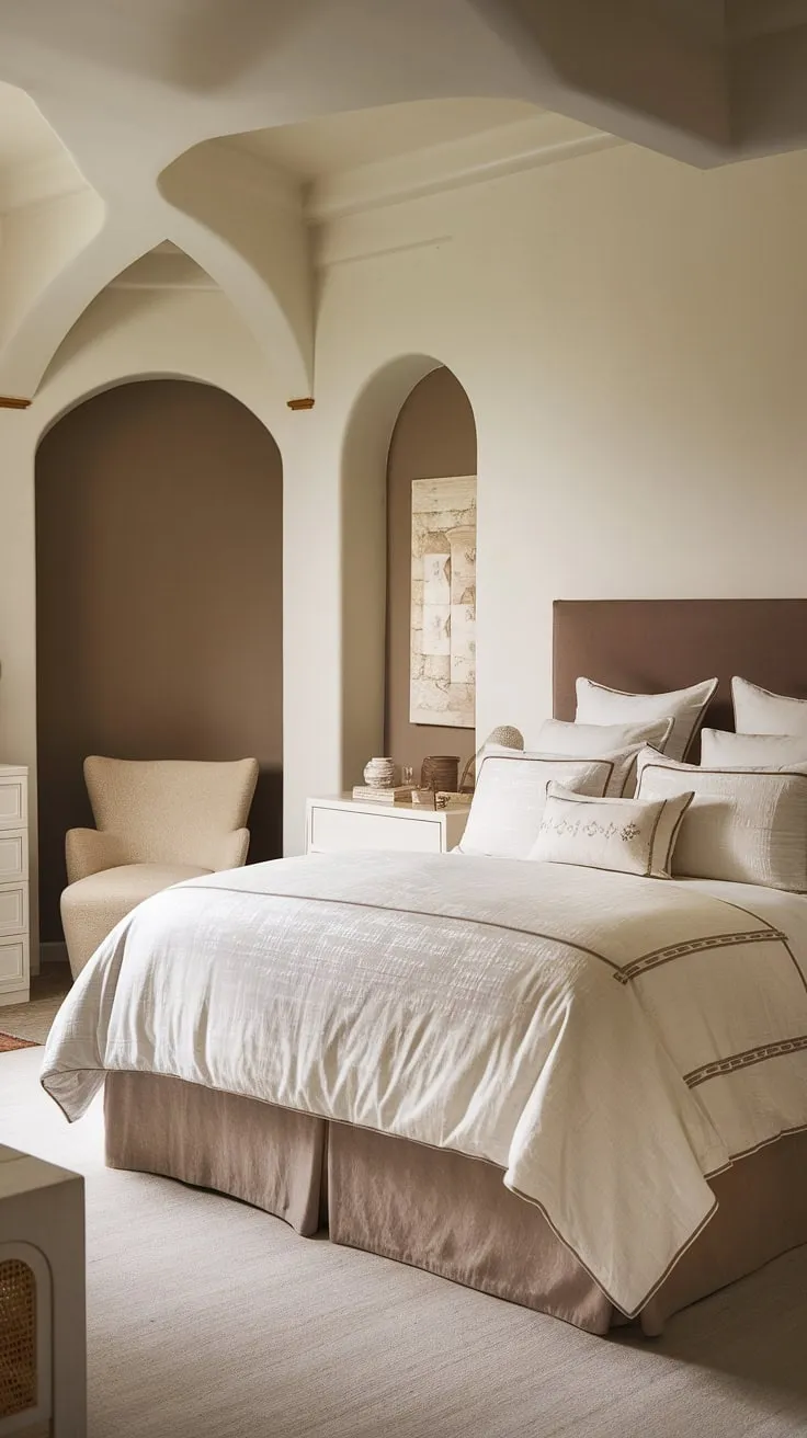 This master bedroom showcases relaxing neutral decor with a white and taupe color scheme, featuring comfy brown and white bedding, a cozy ambiance, and modern touches.