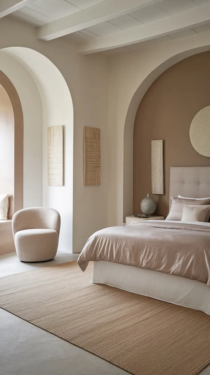 The soothing white and taupe bedroom decor, complemented by neutral bedding and a beige rug, creates a tranquil space ideal for a modern cozy bedroom vibe.