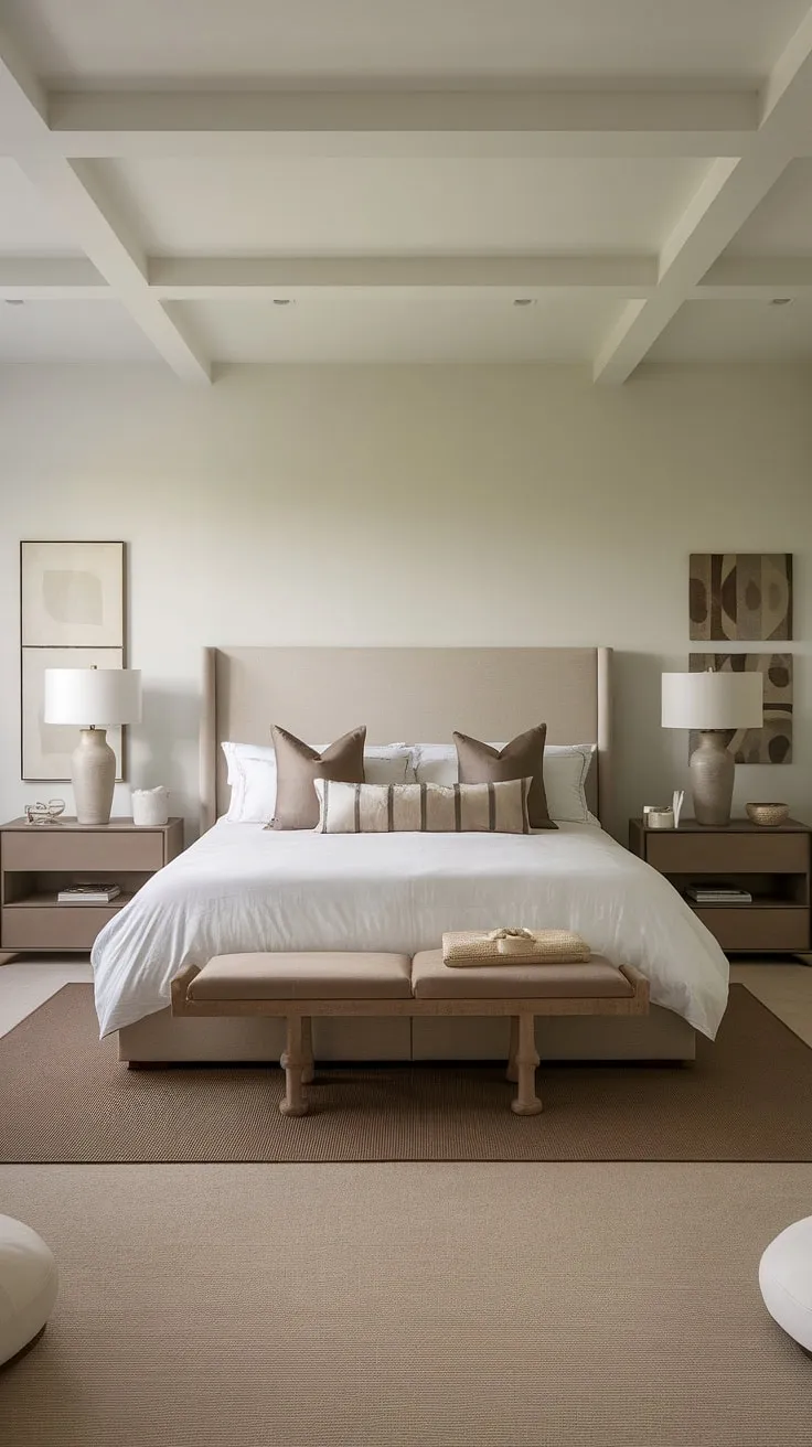 The room showcases a harmonious blend of white and taupe hues, comfy neutral bedding, and stylish accents, making it an ideal example of relaxing master bedroom decor.