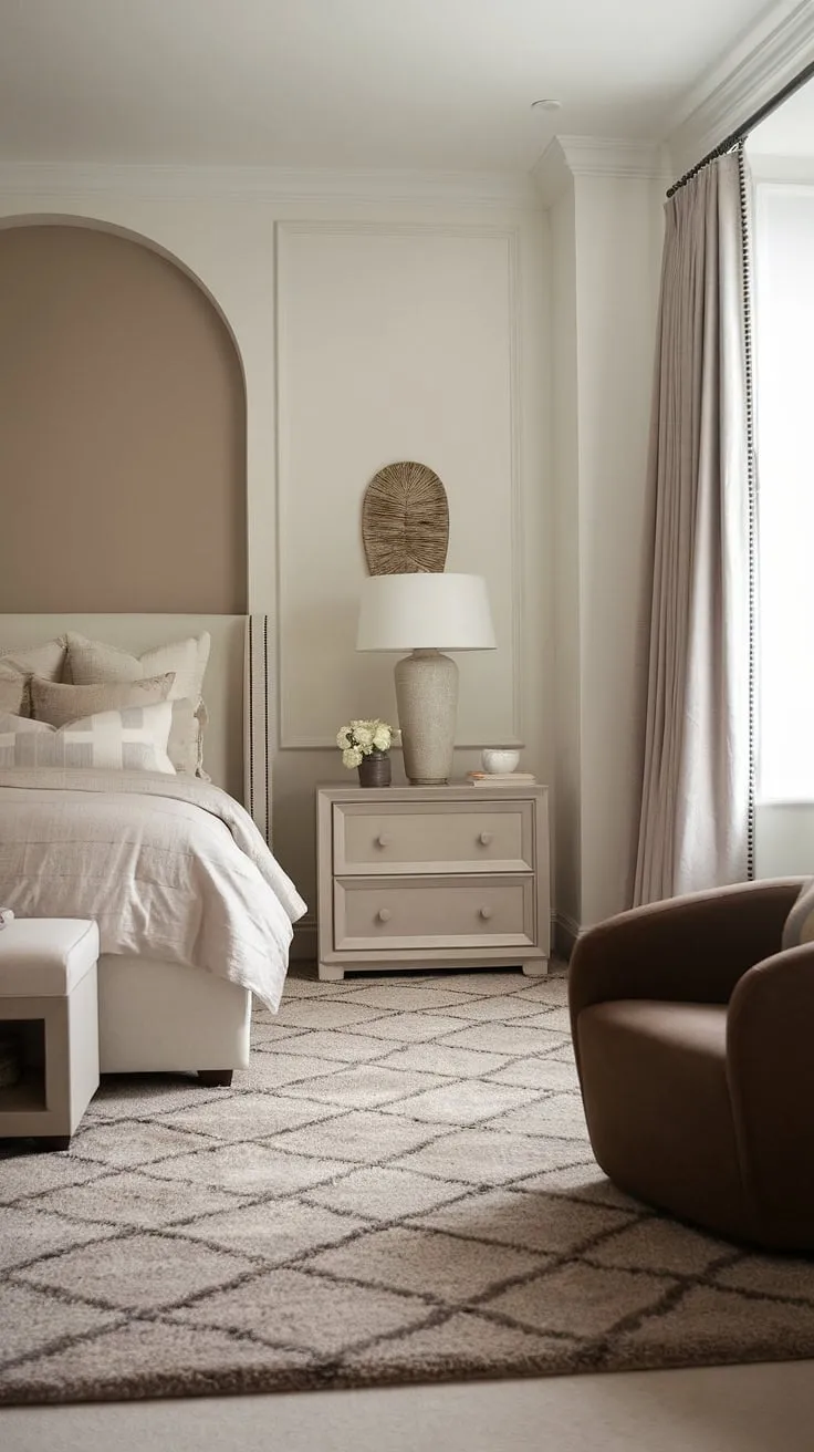 This neutral master bedroom decor features a relaxing white and taupe color scheme, comfy modern cozy elements, and brown accents, creating an inviting atmosphere for restful nights.