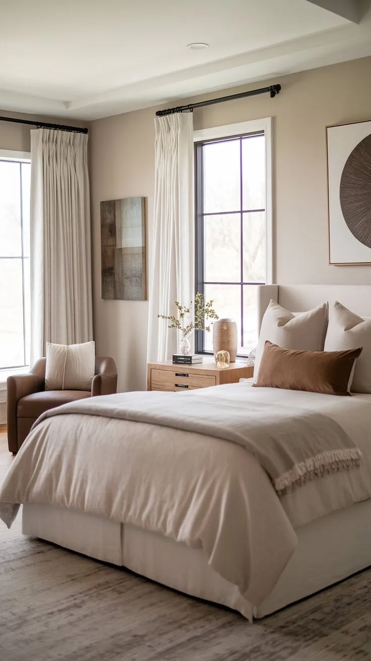 This neutral master bedroom features relaxing modern cozy decor in a white and taupe color scheme, complemented by brown accents and comfy neutral bedding for a tranquil retreat.