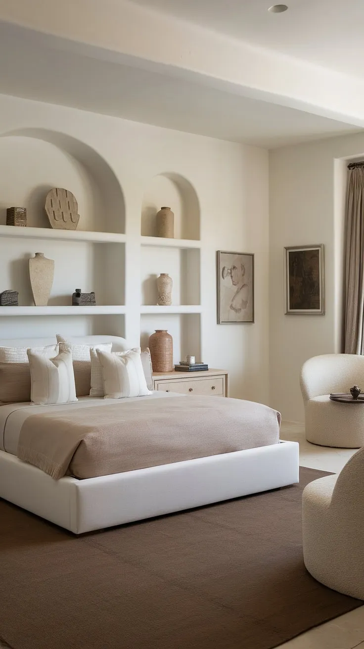 This neutral master bedroom decor combines white and taupe tones with comfy bedding and modern furniture, creating a relaxing and cozy atmosphere.