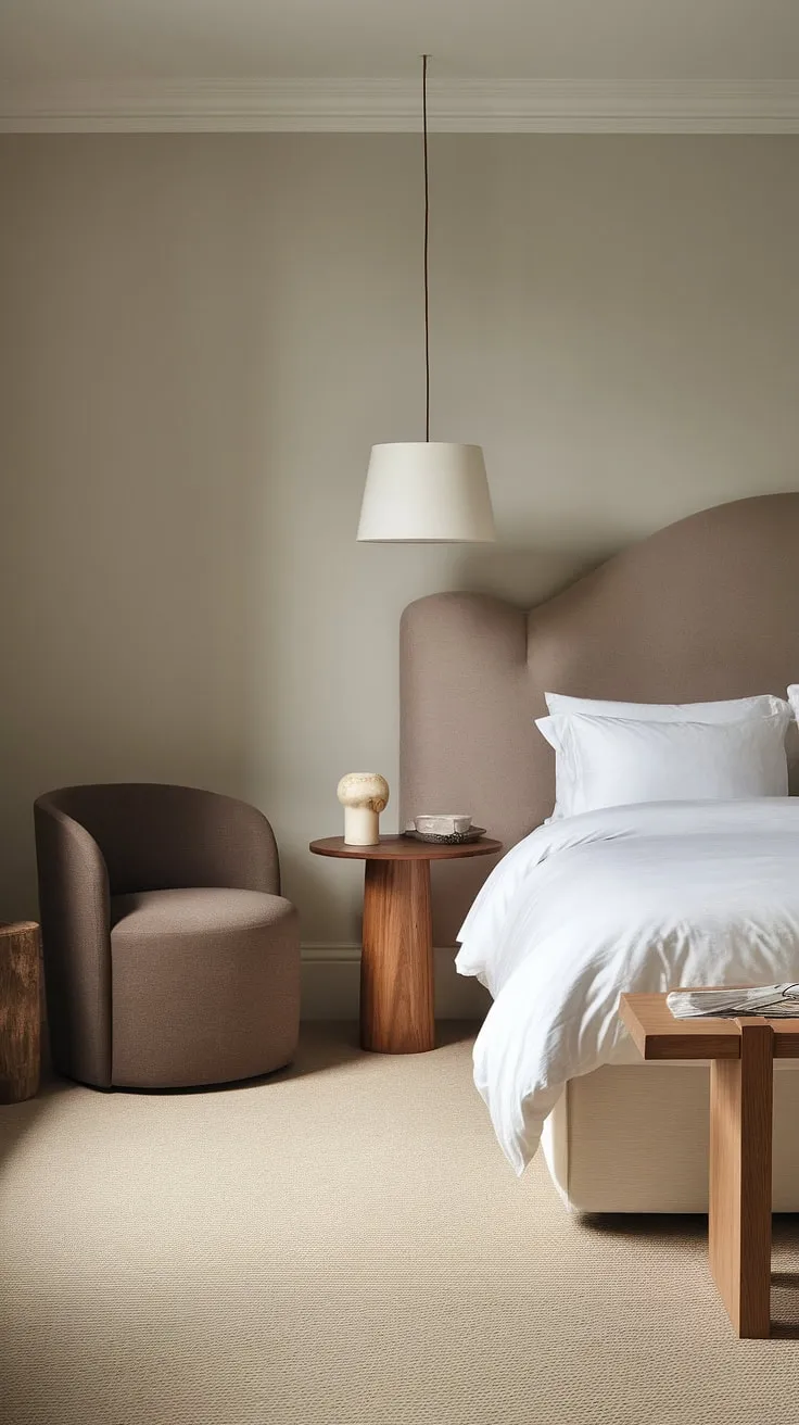 Create a modern cozy bedroom with neutral bedding and a calming palette of white and taupe, complemented by brown decor elements for ultimate comfort.