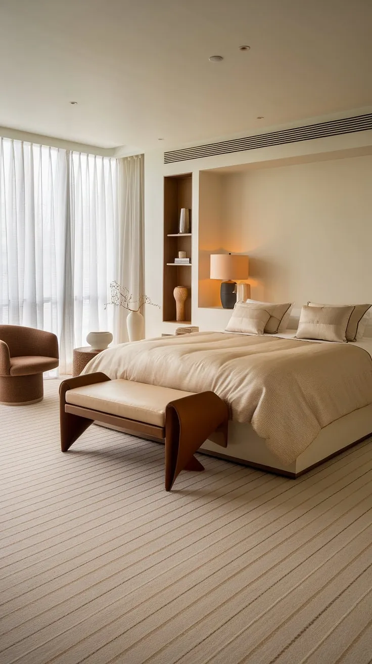 This modern cozy master bedroom showcases relaxing neutral decor with a white and taupe palette, featuring comfy neutral bedding and brown accents for a tranquil atmosphere.