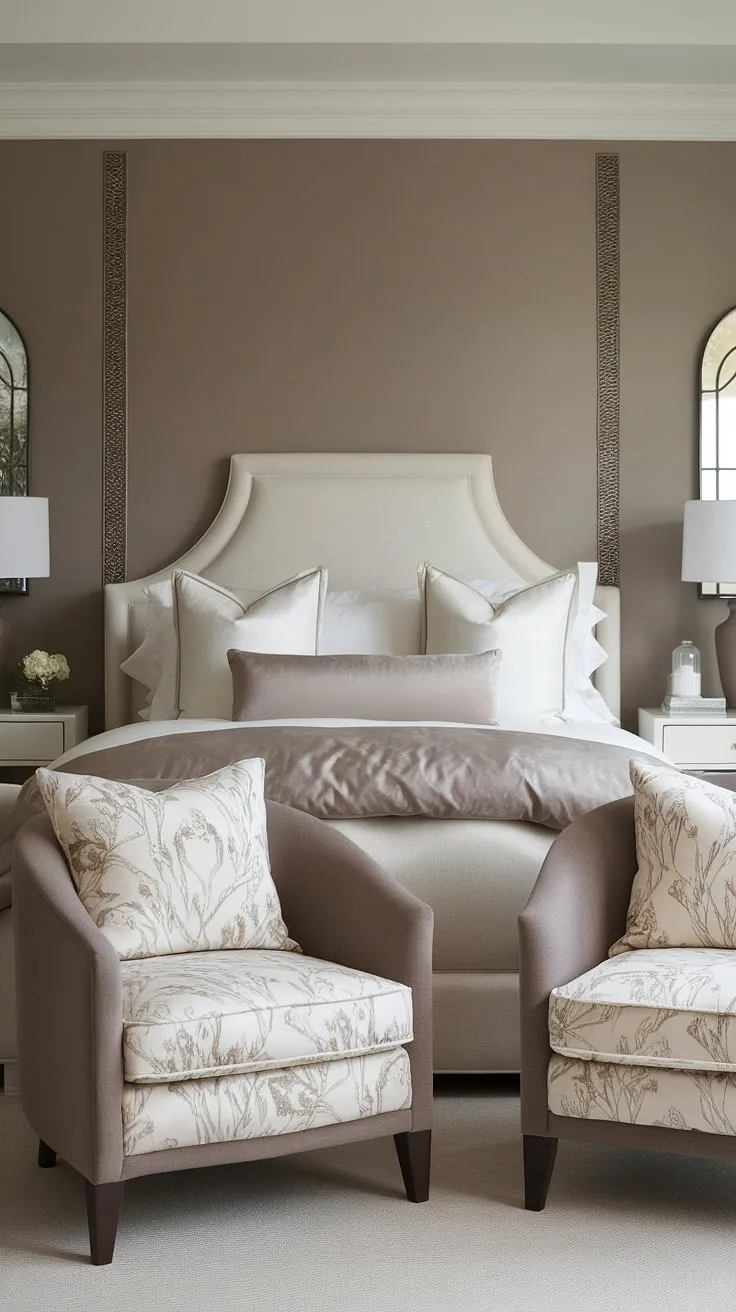 The modern cozy bedroom decor showcases a relaxing master bedroom with neutral bedding, white and taupe accents, and inviting brown chairs for a comfy atmosphere.