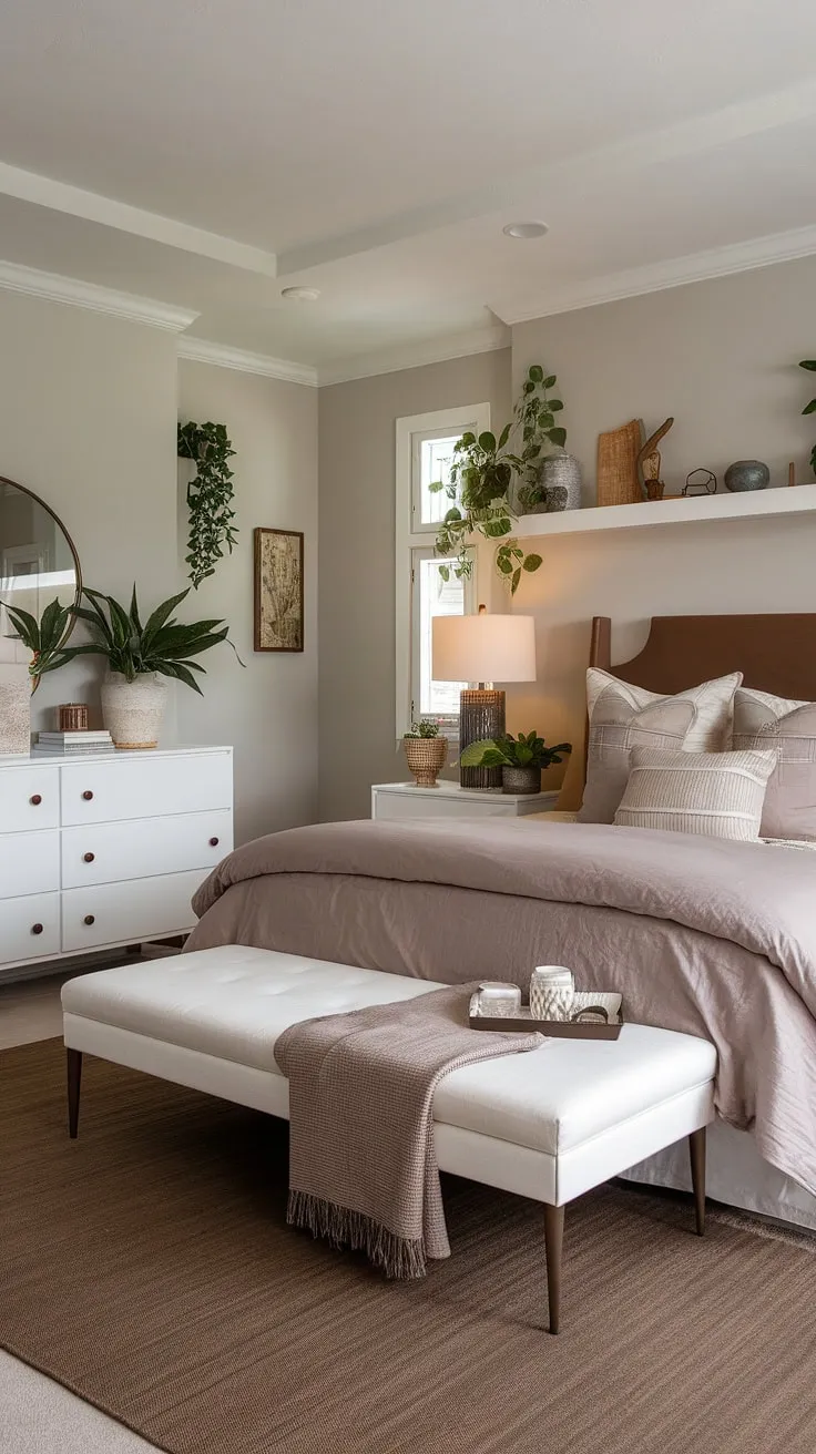 This modern cozy master bedroom showcases relaxing neutral decor with white and taupe bedding, a brown headboard, and a light grey color scheme for a comfy and inviting atmosphere.