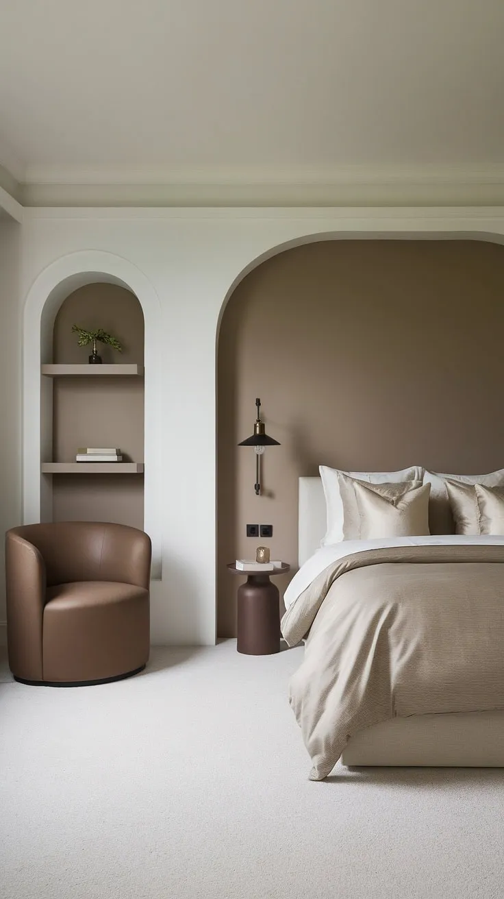 Featuring a harmonious blend of white and taupe hues, this neutral master bedroom decor combines comfy elements and minimalist accents for a perfect modern cozy atmosphere.
