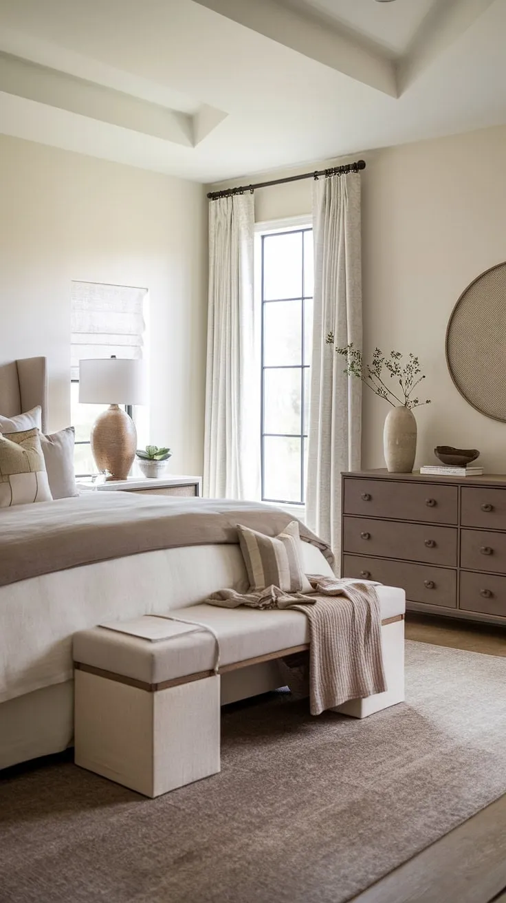 The room showcases a blend of white and taupe bedroom decor, with neutral bedding and brown accents, creating a comfy and inviting atmosphere perfect for relaxation.