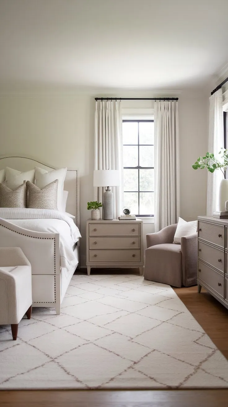 Featuring relaxing white and taupe hues, this neutral bedroom decor showcases a king-size bed and a taupe chair, perfect for a tranquil atmosphere.
