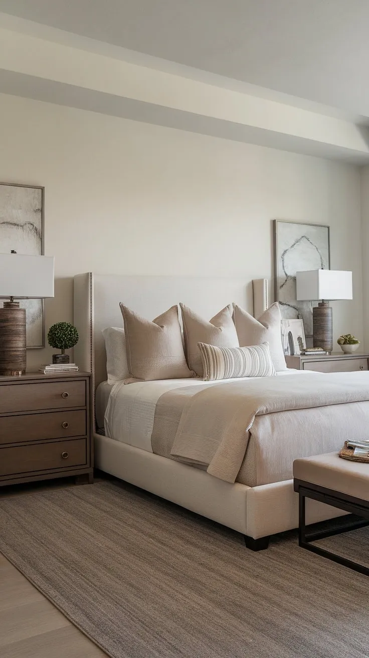 This neutral master bedroom decor features a comfy bed with neutral bedding, brown wooden nightstands, and a taupe area rug, creating a relaxing and modern cozy atmosphere.