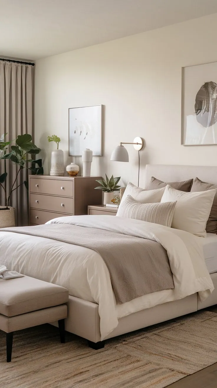 This modern cozy master bedroom features relaxing neutral decor in white and taupe, with comfy neutral bedding, a brown dresser, and soft lighting for a tranquil atmosphere.