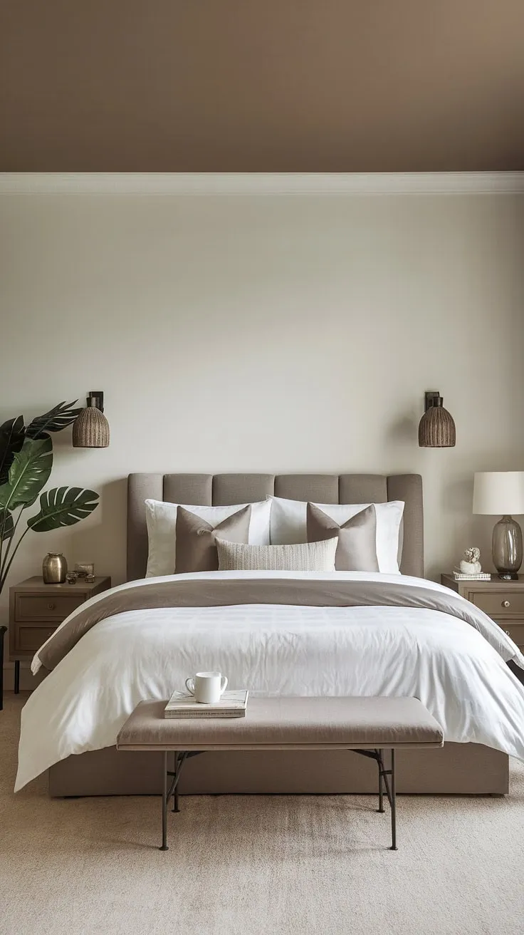 This neutral master bedroom decor combines a relaxing ambiance with a white and taupe color scheme, featuring comfy modern cozy elements and brown accents for a perfect retreat.