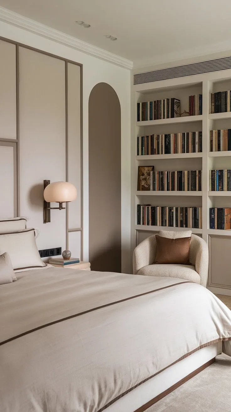 The modern cozy ambiance of this neutral bedroom decor, highlighted by a white and taupe palette and brown accents, creates a perfect retreat with comfy furnishings and relaxing elements.