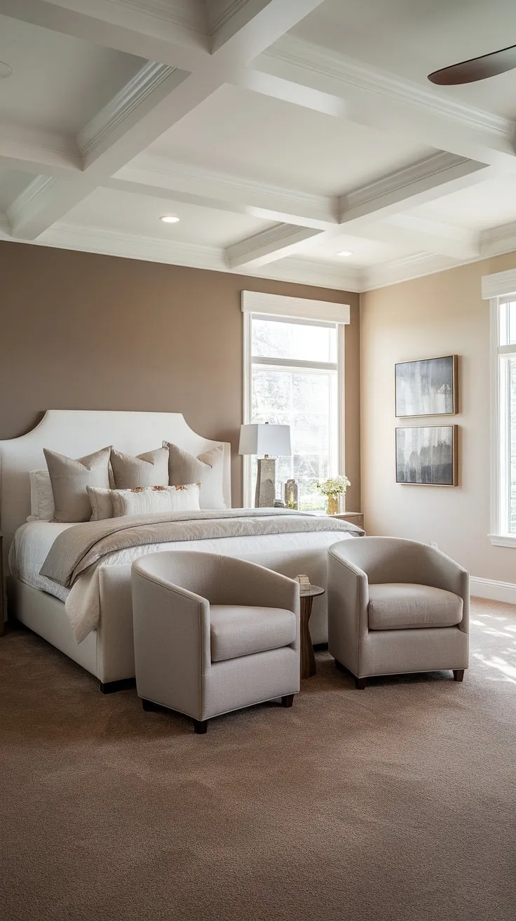 The inviting space showcases brown neutral bedroom decor, including taupe chairs and natural light, creating a tranquil atmosphere for restful nights.