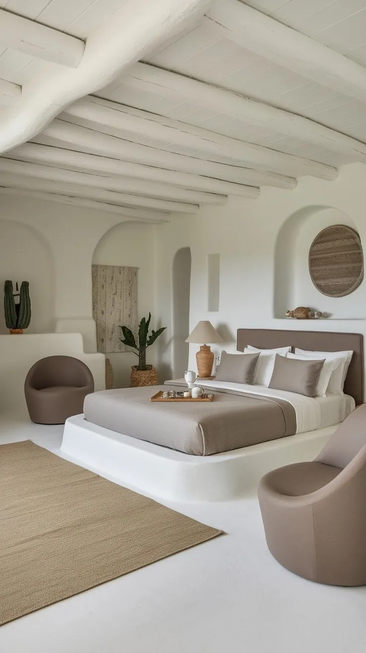 Discover tranquility in this elegantly designed bedroom, where soft taupe accents and pristine white surroundings foster a serene retreat for restful sleep and reflection.