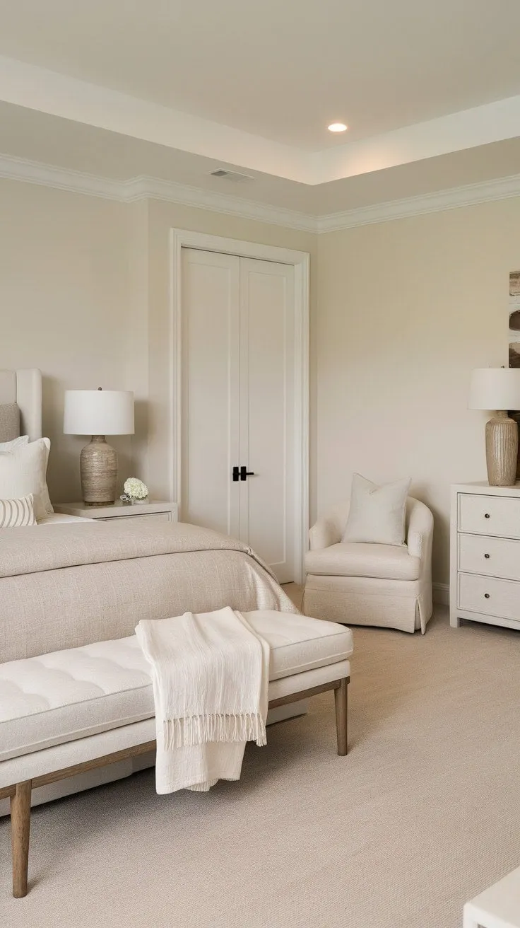 Experience ultimate relaxation in this serene master bedroom, where calming taupe and crisp white hues create a tranquil haven.