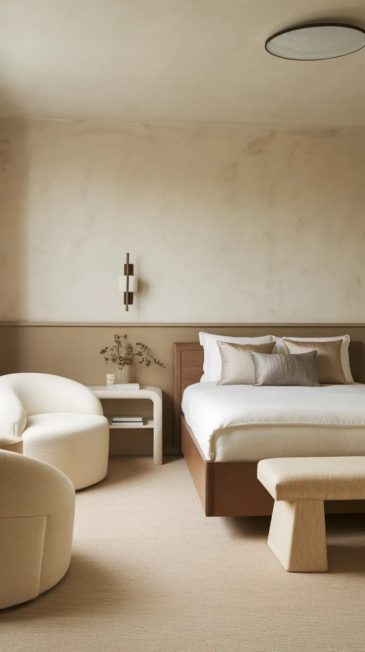 Experience serene sophistication in this neutral bedroom, where modern minimalism meets cozy warmth for a tranquil retreat.