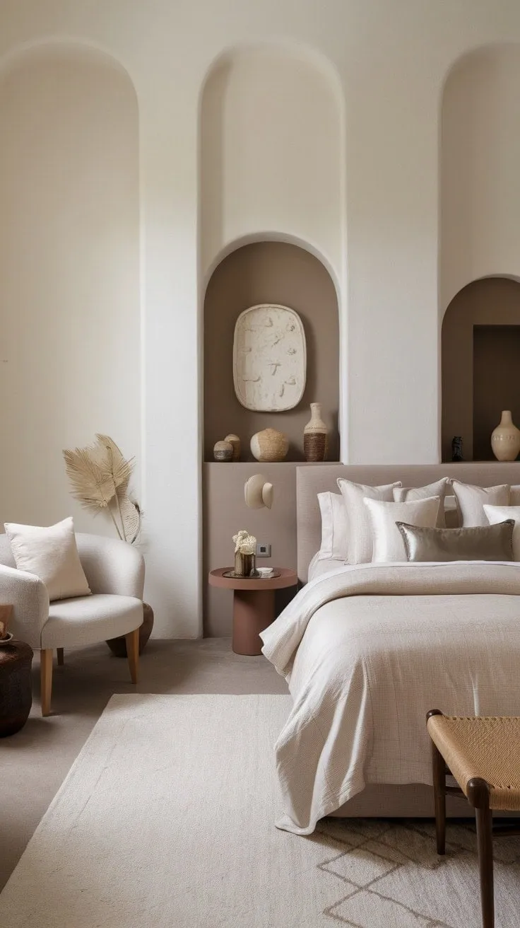 Discover a tranquil retreat in this serene master bedroom, where soothing taupe and white hues blend with warm browns to create a cozy escape for restful nights and peaceful mornings.