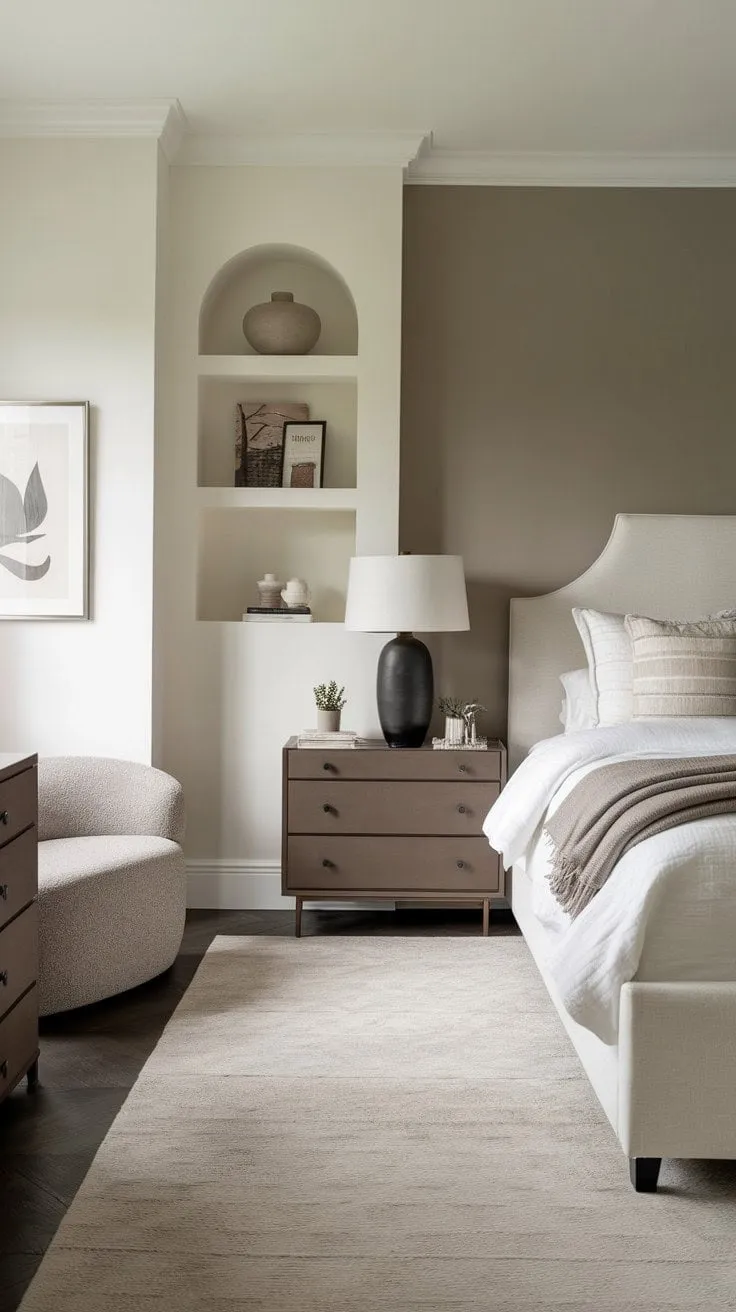 Escape to a tranquil sanctuary in this serene master bedroom, where soft taupe walls and a plush white bed invite restful rejuvenation.