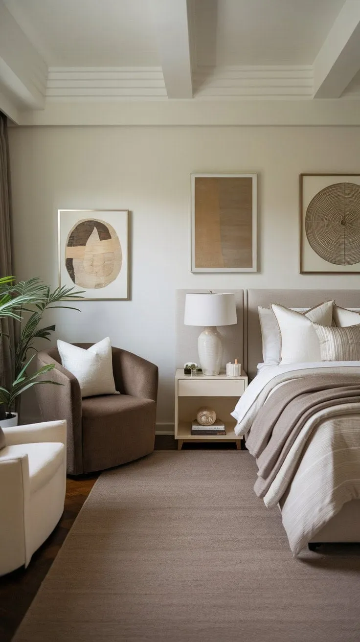 Discover tranquility in this serene master bedroom, where a soothing taupe and white palette meets cozy textures for the ultimate relaxation retreat.