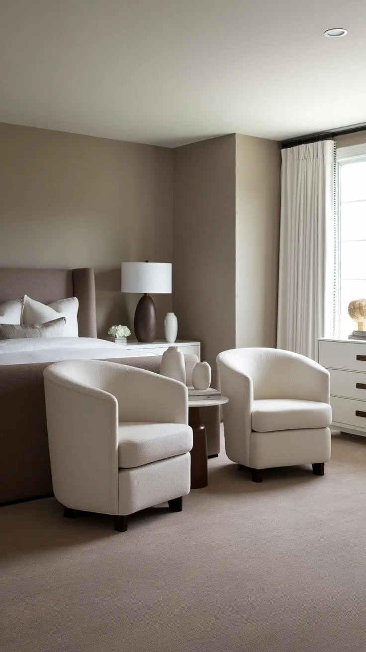 This master bedroom exudes serene sophistication with its tranquil neutral palette and stylish, minimalist furnishings, creating a luxurious retreat.