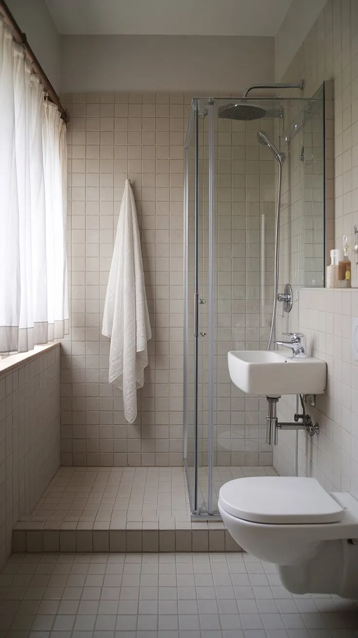 Serene simplicity defines this minimalist bathroom, where light grey tiles and clean lines create a spa-like atmosphere. The small space feels surprisingly spacious thanks to the thoughtful design and the soft light filtering through the window.
