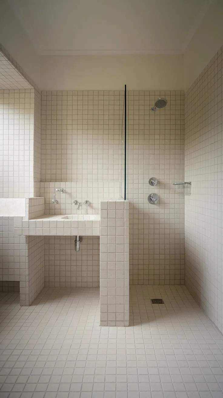 Clean lines and calming light define this minimalist bathroom, a sanctuary for quiet reflection and a effortless daily routines. The spacious shower and sleek fixtures create a haven of serenity.
