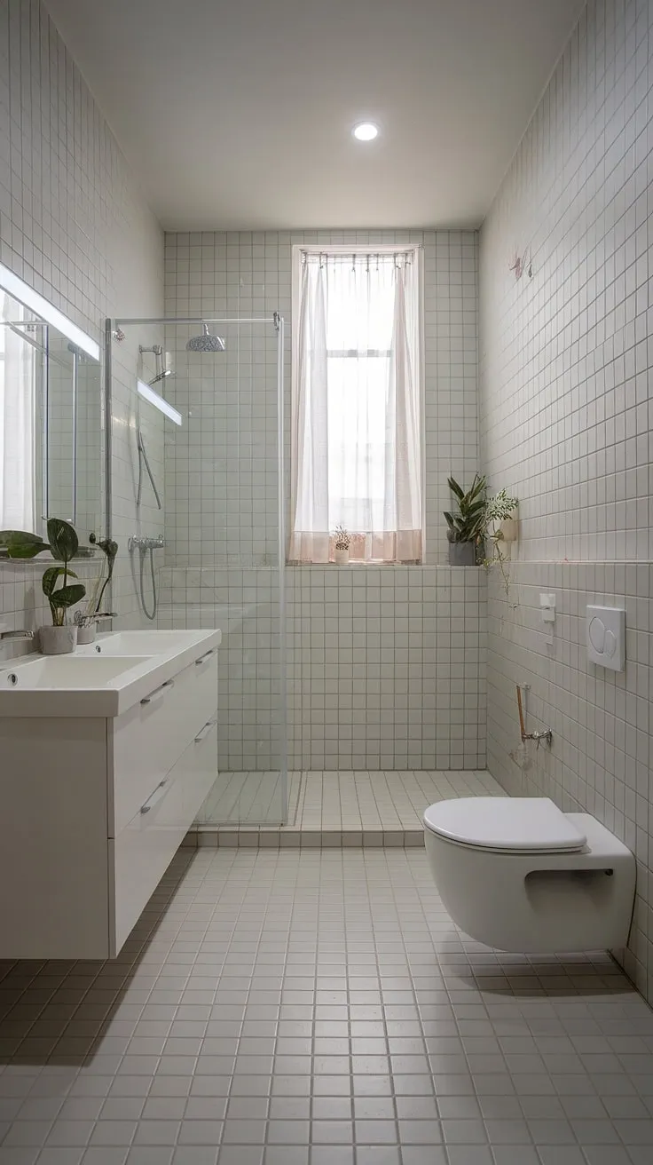 This light-filled bathroom is a testament to modern elegance. The subtle gray tilework, paired with the sleek white vanity and glass shower enclosure, offers a sophisticated yet functional space. A touch of greenery adds a calming element to this perfectly designed retreat.
