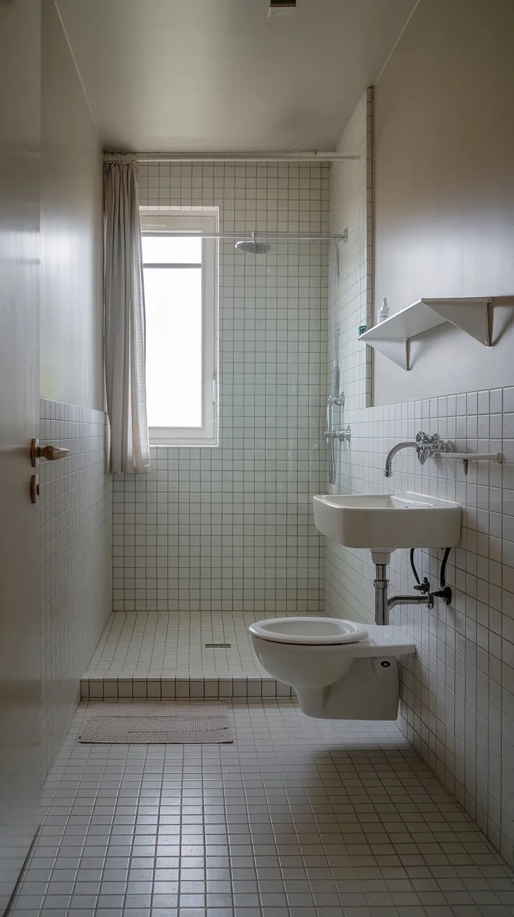 This modern bathroom is a study in simplicity. The light tile, white fixtures, and minimal decor create a bright and airy feel. Every element, from the small shower to the floating shelf, contributes to a sense of calm and understated luxury.