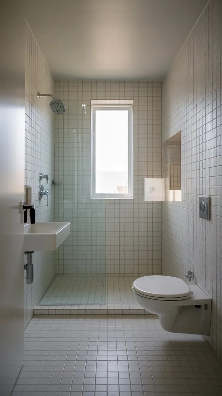 Clean lines and a calming palette define this small but perfectly formed bathroom. The light tile reflects natural light streaming in from the window, creating a bright and airy feel. A haven of tranquility, ready for your daily rituals.