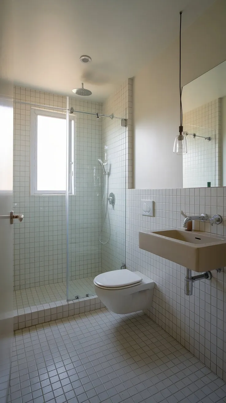 Clean lines and calming serenity define this minimalist bathroom, a sanctuary of understated elegance where functionality meets refined design. The spacious feel, achieved through a neutral palette and thoughtful layout, creates a tranquil escape. A