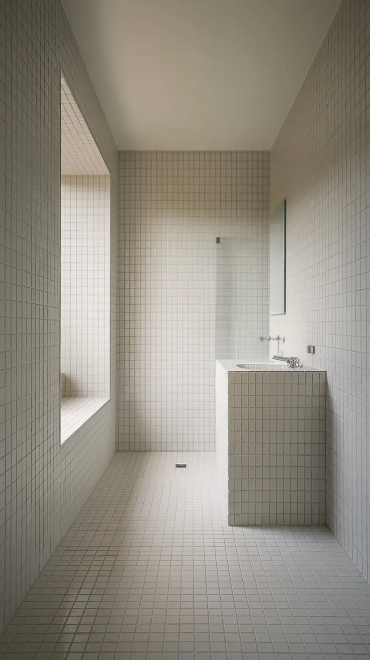 This serene bathroom, bathed in natural light, showcases the beauty of simple design. The minimalist aesthetic, with its seamless built-in shower and crisp white tiles, offers a tranquil escape. A perfect example of modern functionality and understated elegance.