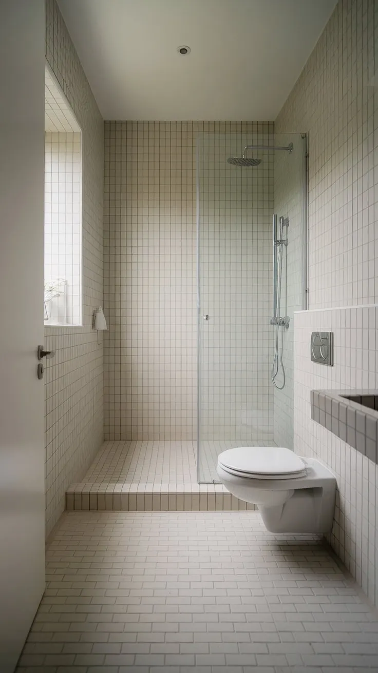 This bright, modern bathroom showcases the beauty of simplicity. The light tile and minimalist design create a tranquil atmosphere, ideal for unwinding and recharging. A perfect example of less is more.