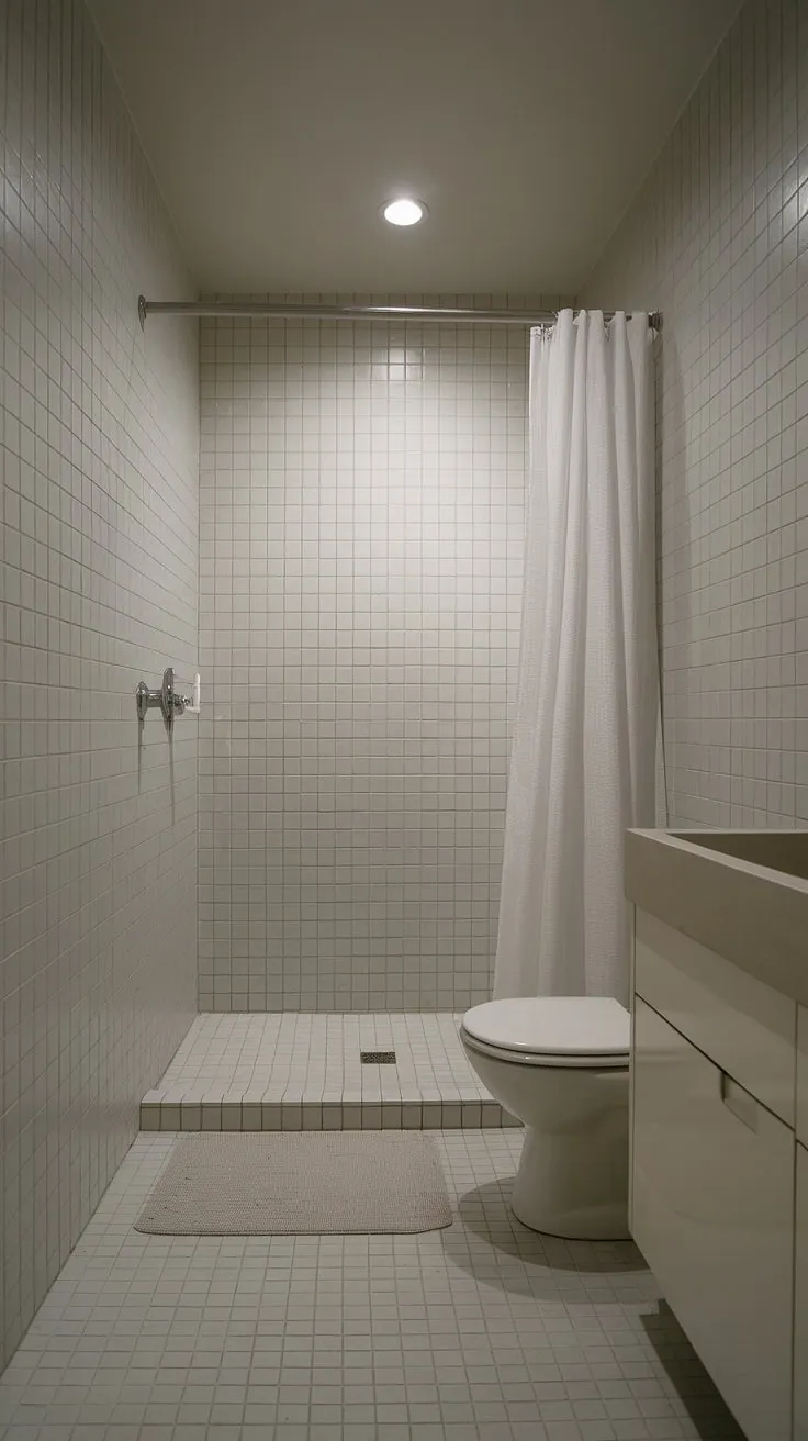 Clean lines and a neutral palette transform this small bathroom into a sanctuary of calm. The subtle textural contrast between the tiles and the soft rug adds a touch of understated elegance, making it a haven for quiet contemplation.