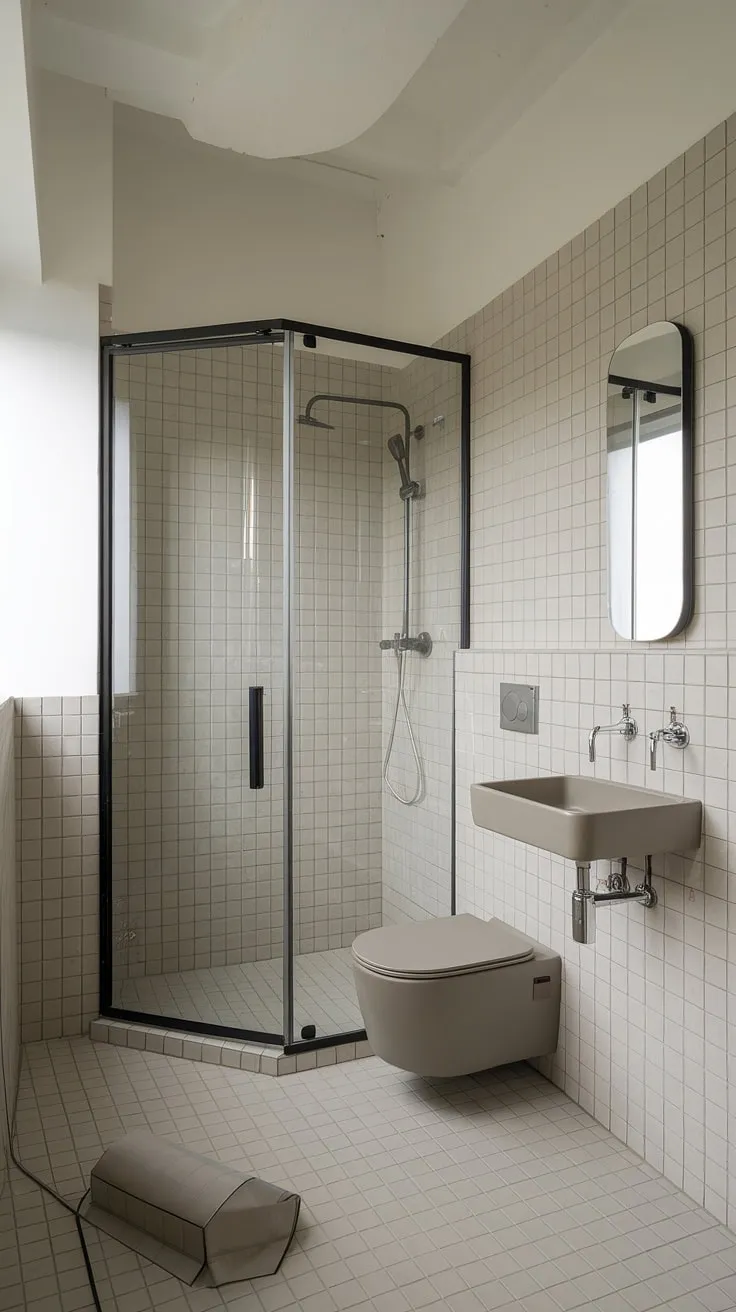 This modern bathroom is a study in understated elegance. The simple design, featuring a glass-enclosed shower and minimalist sink, maximizes space and light, resulting in a tranquil and functional retreat. A testament to the power of thoughtful design.