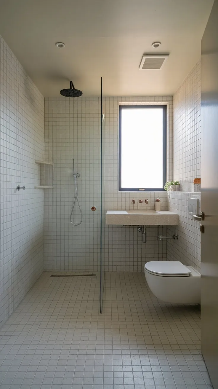 Sunlight streams into this serene bathroom, highlighting the minimalist design and clean lines. The neutral palette, punctuated by a small, thriving plant, creates a spa-like atmosphere perfect for unwinding. A sense of calm pervades the space, making it a sanctuary for self-care.