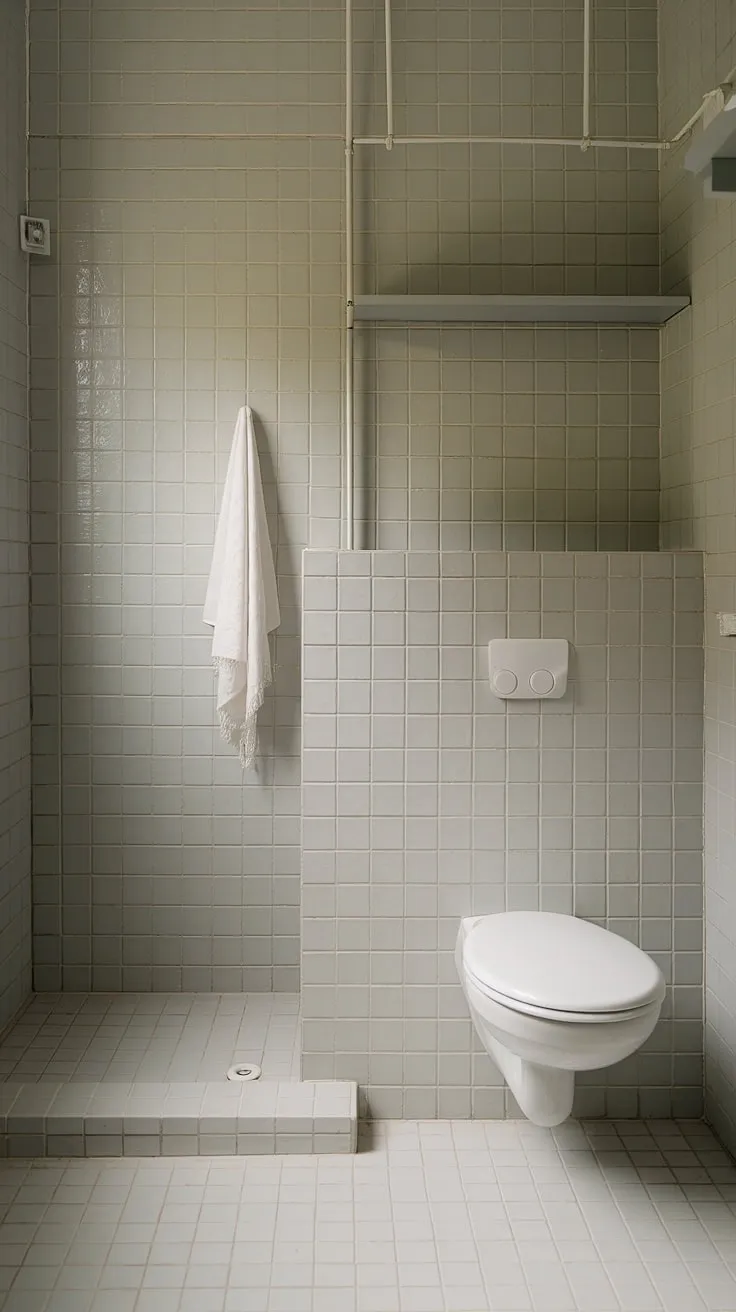Serene simplicity defines this minimalist bathroom. The light grey tiles create a calming atmosphere, enhanced by the natural light filtering through the window. A perfect sanctuary for quiet contemplation and a self-care.