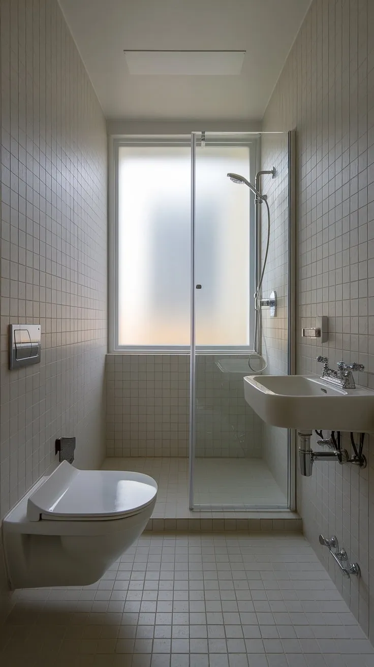 Serene and minimalist, this bathroom's light grey tiles and chrome fixtures create a spa-like atmosphere. The small shower, tucked away behind a glass door, maximizes space while maintaining a clean, modern aesthetic. A high window allows natural light to flood the room, enhancing the feeling of calm and tranquility.