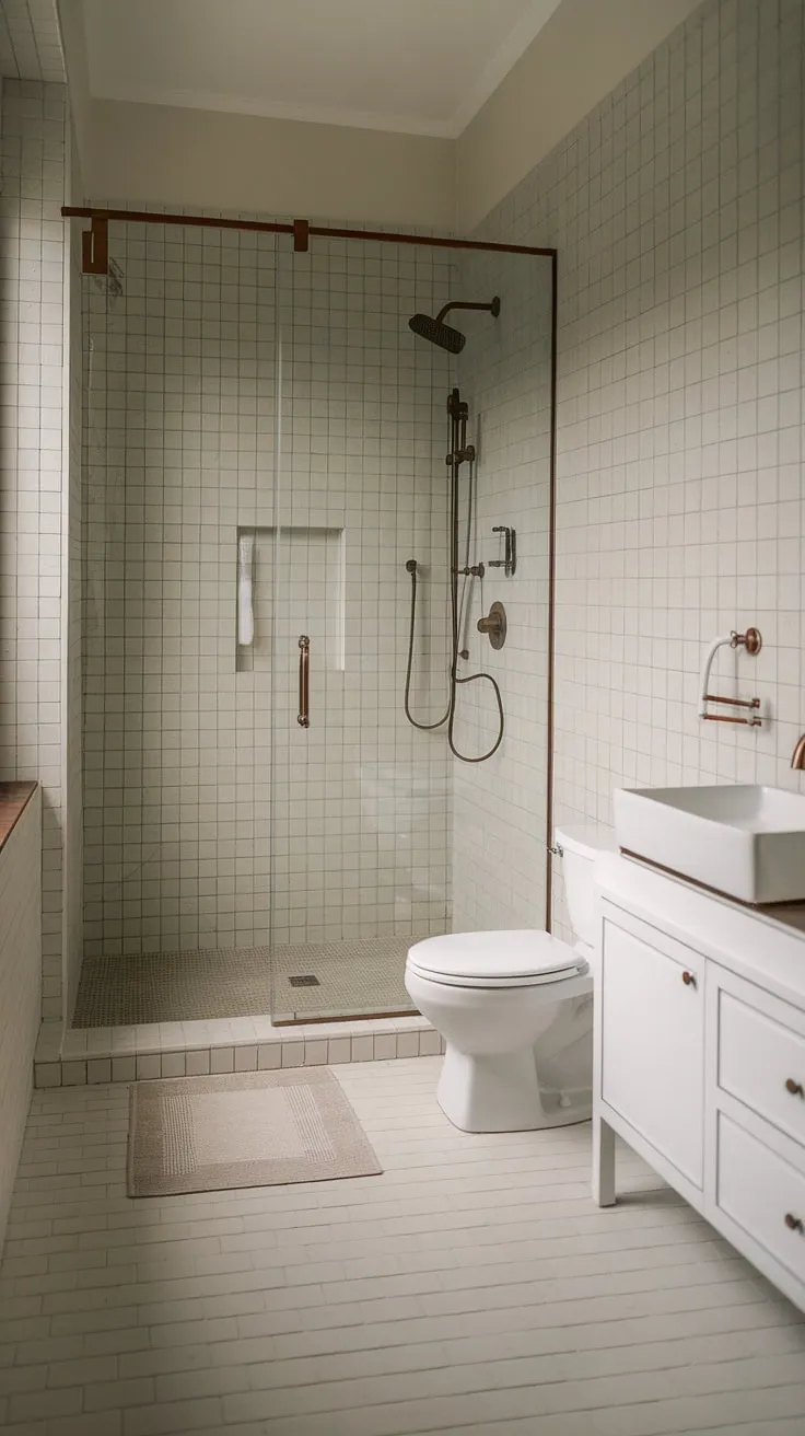 Serene simplicity defines this modern bathroom. The light tile, bronze accents, and minimalist design create a spa-like atmosphere, perfect for unwinding after a long day. A perfect blend of functionality and style.