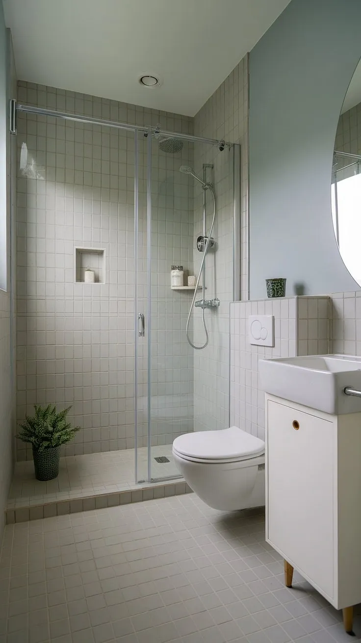 Light, airy, and effortlessly chic, this compact bathroom boasts a calming blue hue and a functional design. The minimalist aesthetic is enhanced by the light grey tiles and clean lines, creating a tranquil retreat. A small touch of greenery adds a refreshing element.