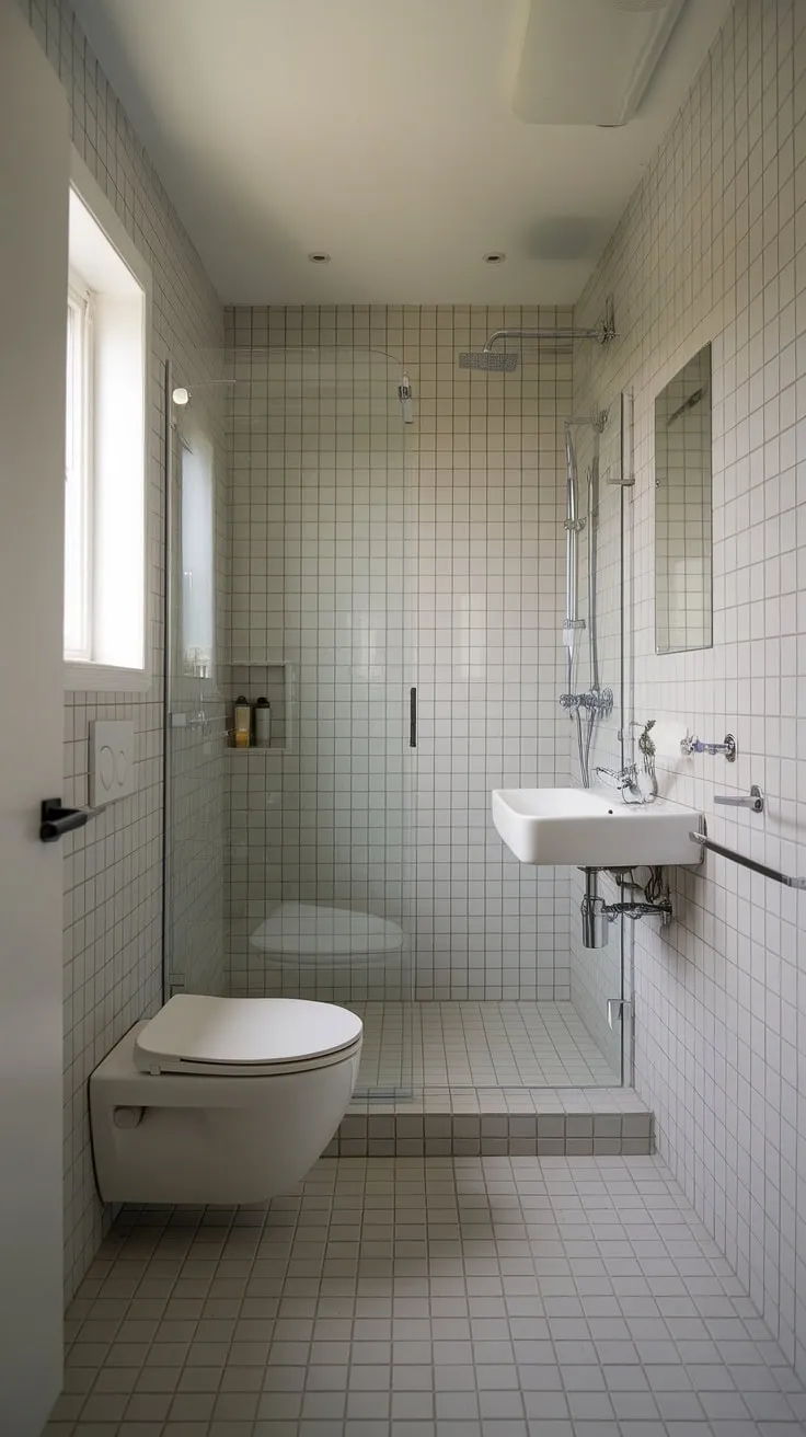 Serene and minimalist, this bathroom's light grey tiles create a spa-like atmosphere. The thoughtful design maximizes space and functionality, proving that even a small bathroom can be a sanctuary. A perfect blend of form and function.