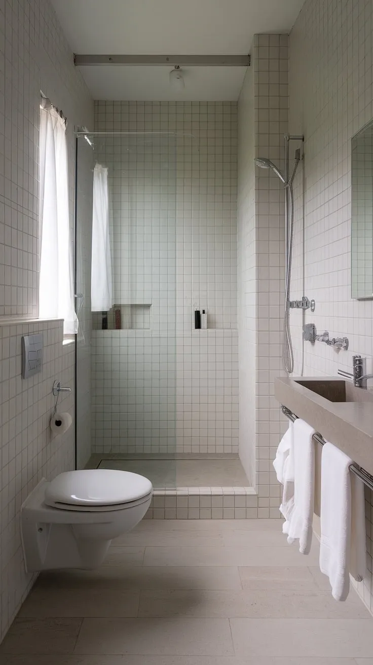A sanctuary of calm, this minimalist bathroom boasts light, airy tiles and a serene atmosphere. The clean lines and thoughtful fixtures create a space perfect for unwinding. A perfect example of less is more.